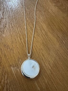 Plated Silver Round Pendant Necklace with Star Accent - White